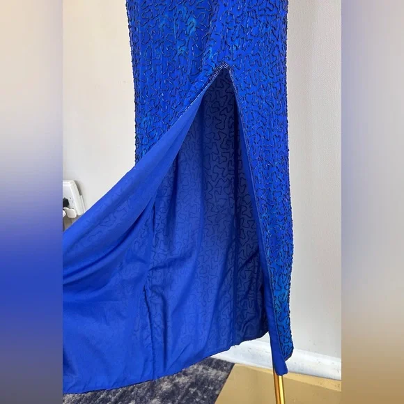 VTG LAURENCE KAZAR 90s 100% Silk Beaded Halter Gown Prom Formal Maxi Dress Sz S - Picture 6 of 16